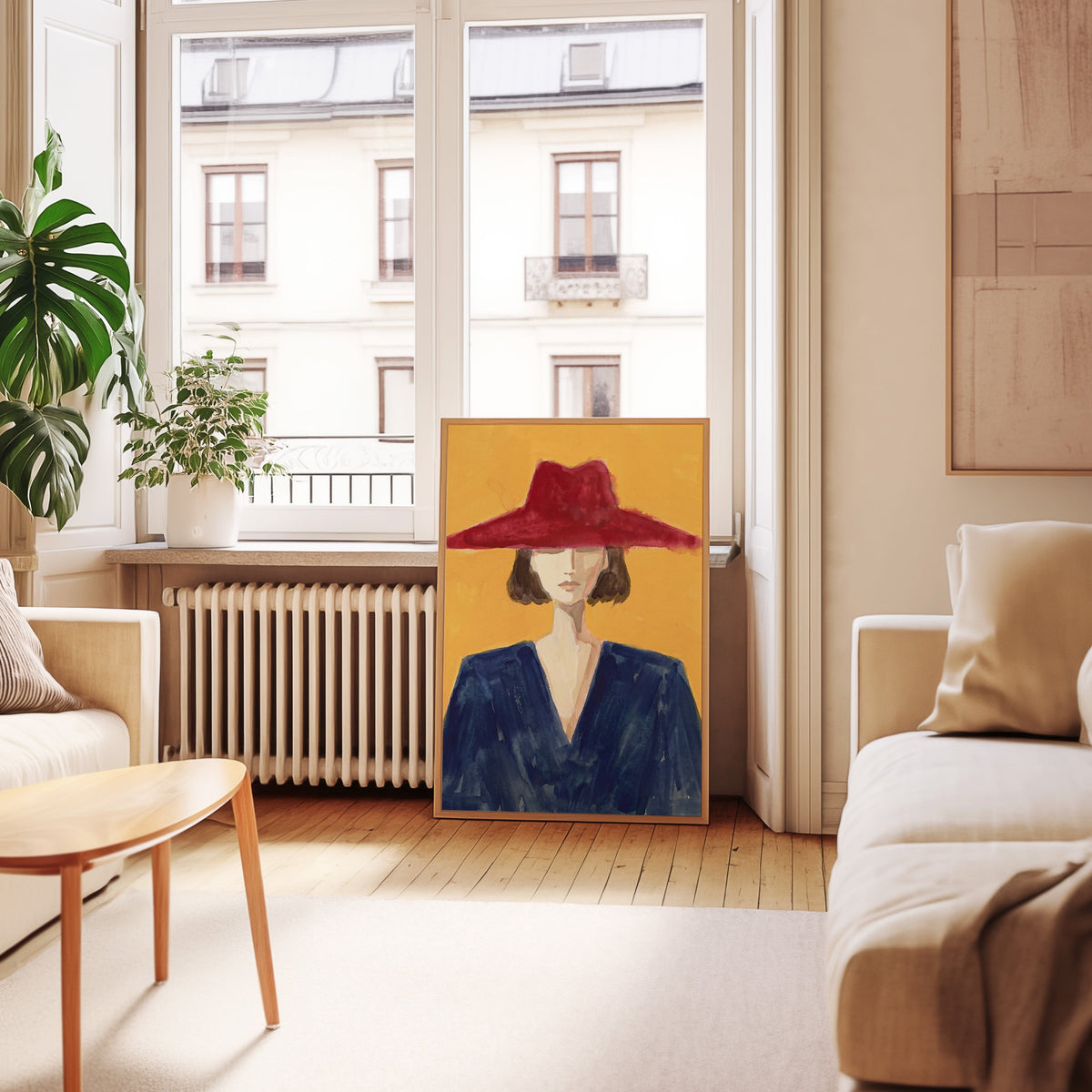 Wine red hat portrait print in an oak frame leaning below tall French windows