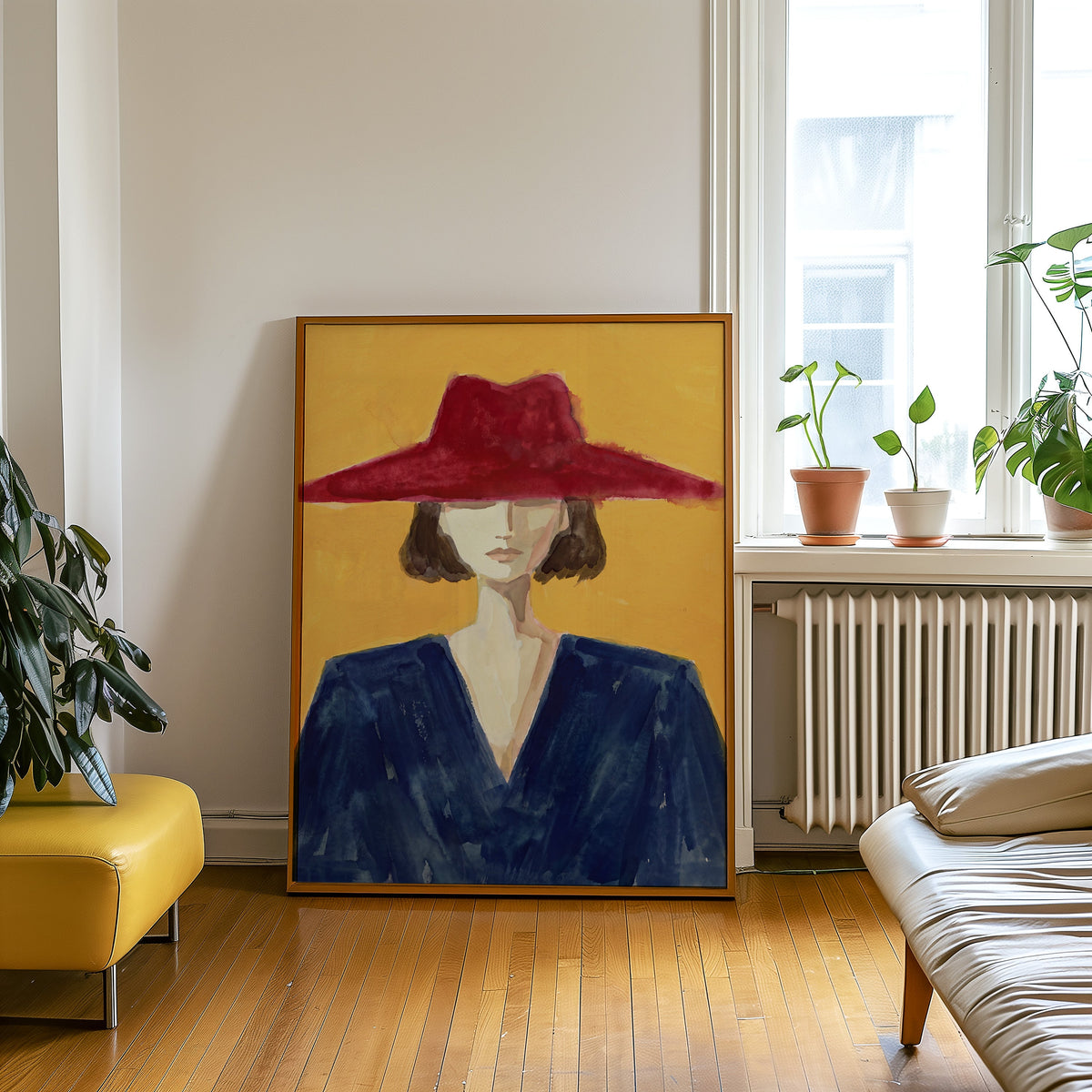 Woman in navy and red print in an oak frame leaning beside a yellow leather bench