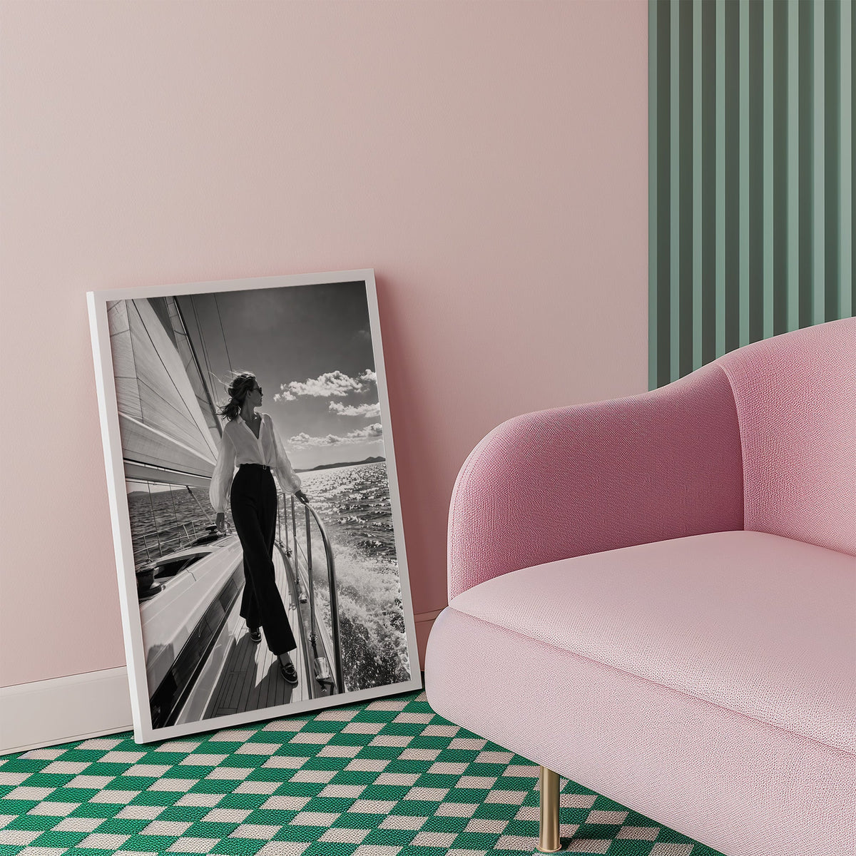 Woman in white blouse on a sailboat deck print in a white frame beside a pink armchair on a checkered floor