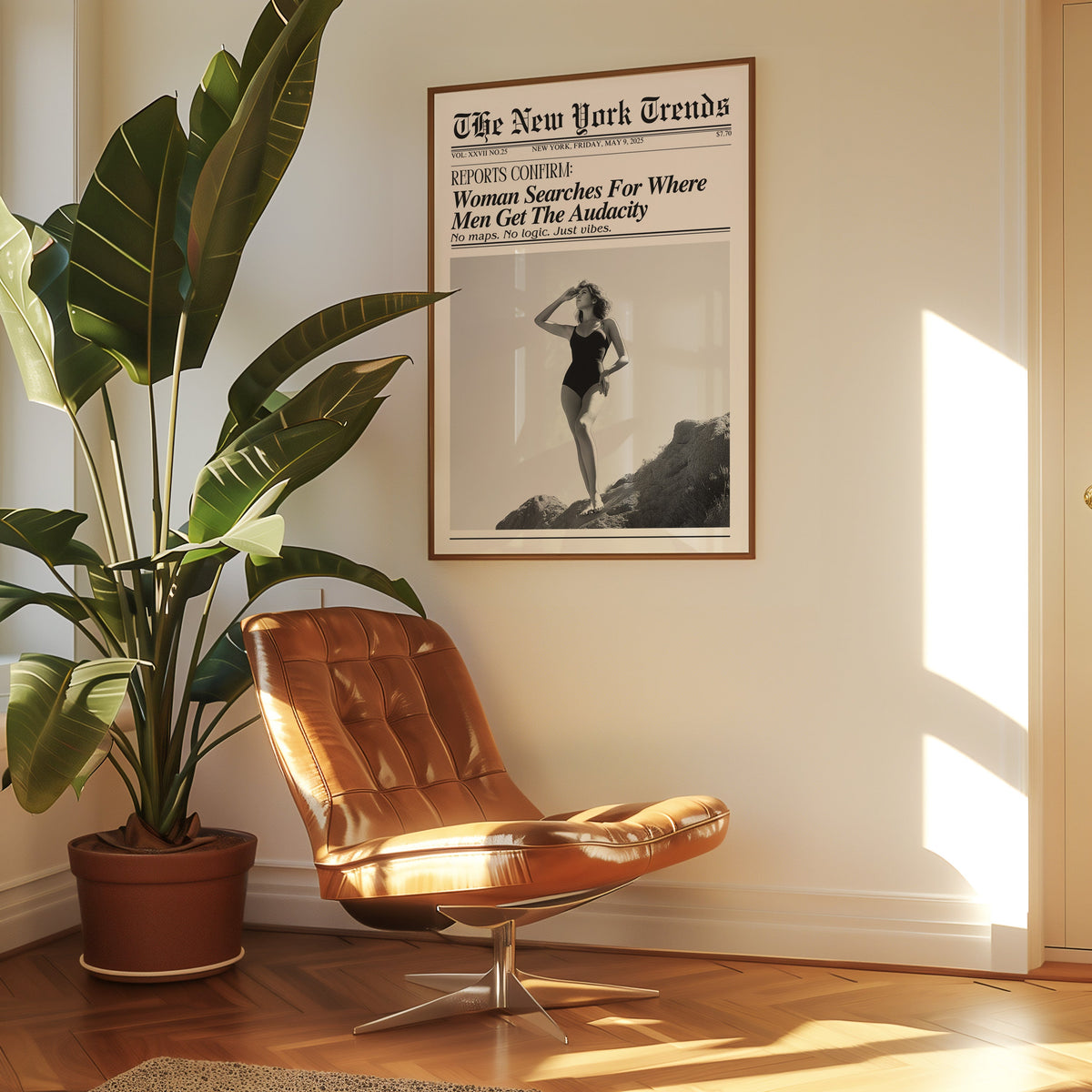 Woman on rocks shading her eyes mock newspaper print in a walnut frame above a leather lounge chair