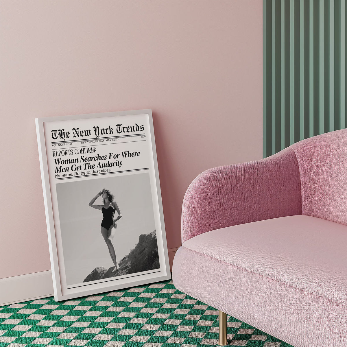 Woman on rocks shading her eyes mock newspaper print in a white frame beside a pink armchair on a checkered floor