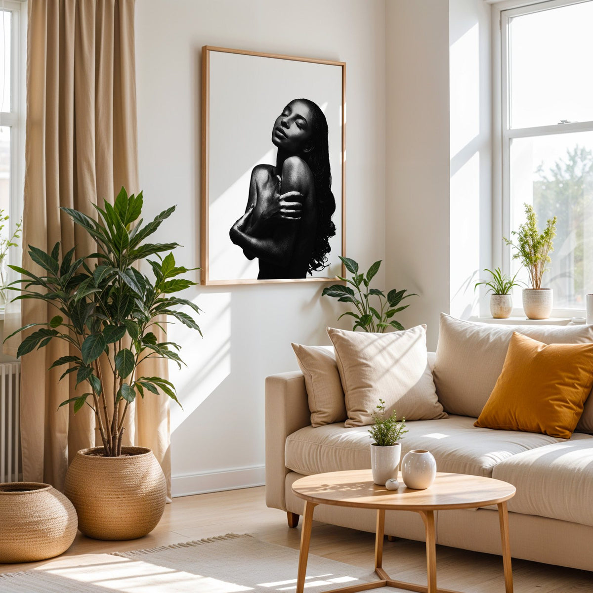 Backlit woman silhouette hugging her shoulders print in an oak frame above a cream sofa beside woven planters