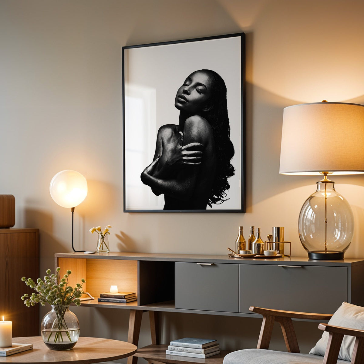 Backlit woman silhouette hugging her shoulders print in a black frame above a grey media console with a glass table lamp