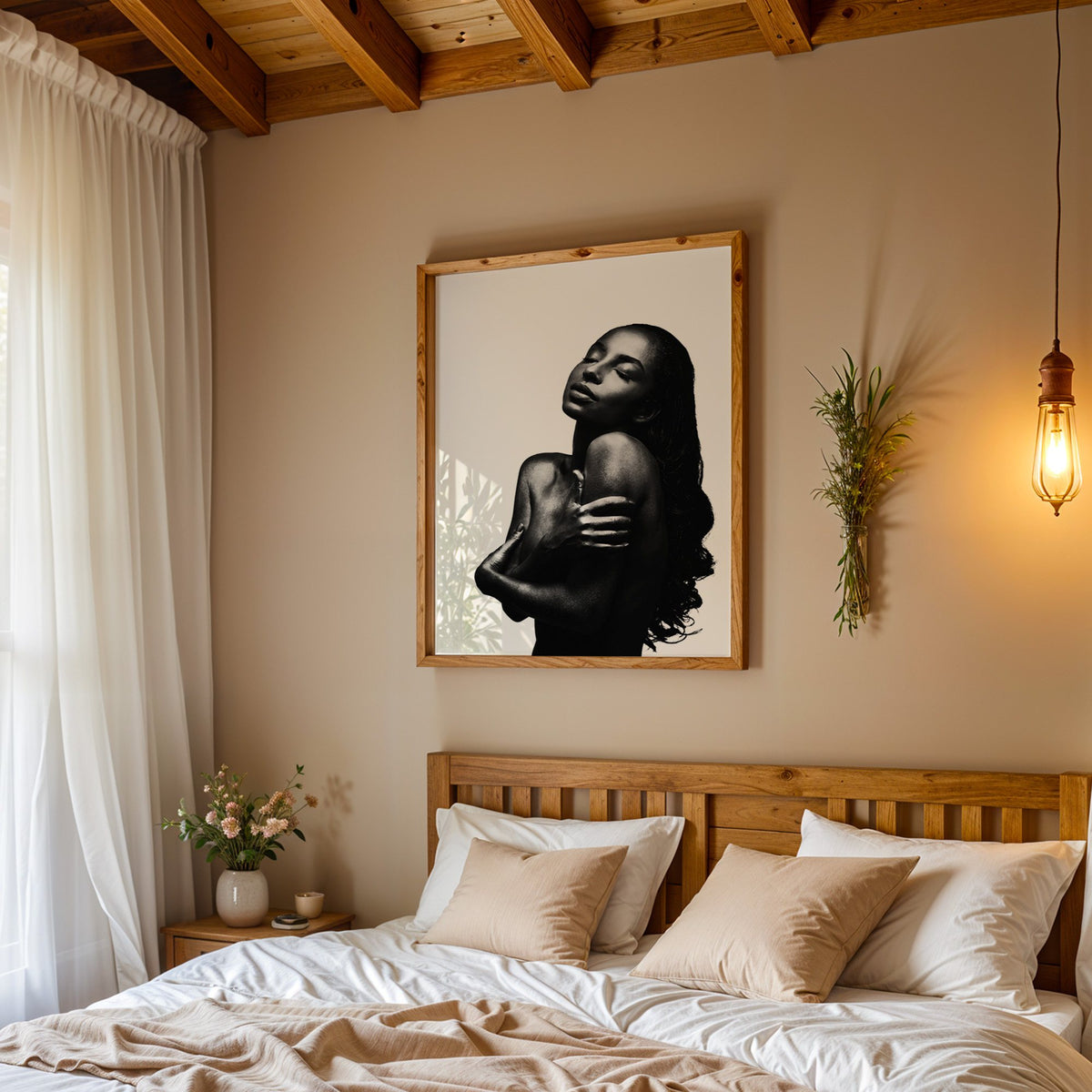 Backlit woman silhouette hugging her shoulders print in a pine frame above a wood headboard bed under a pendant bulb