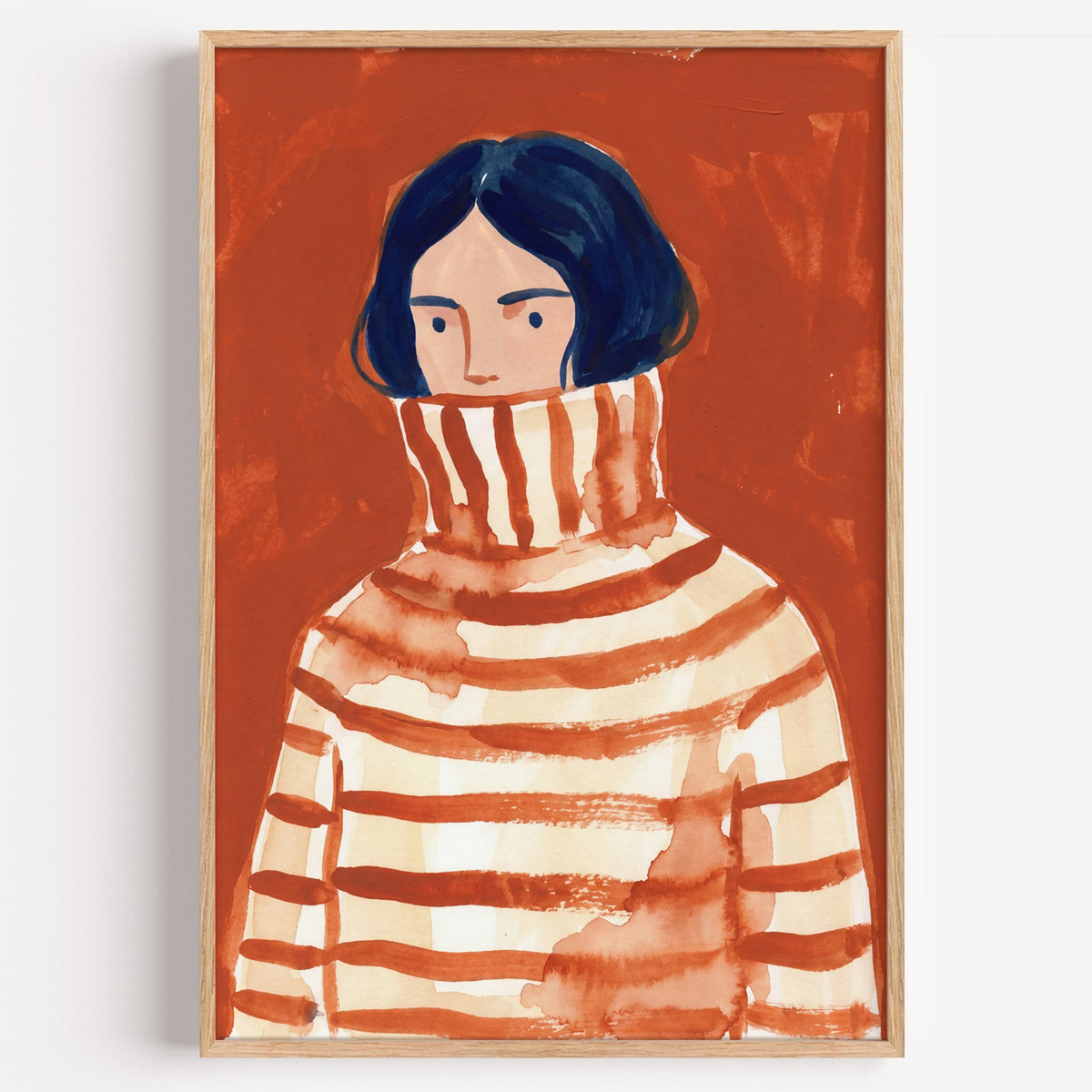 Woman in striped turtleneck print in a light oak frame on a plain white wall