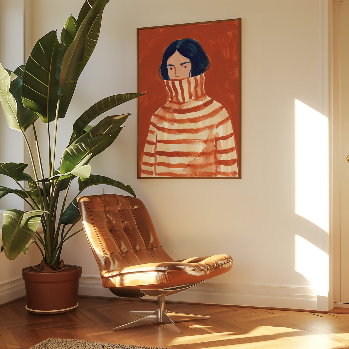 Rust watercolor portrait print in a slim walnut frame above a tan leather lounge chair