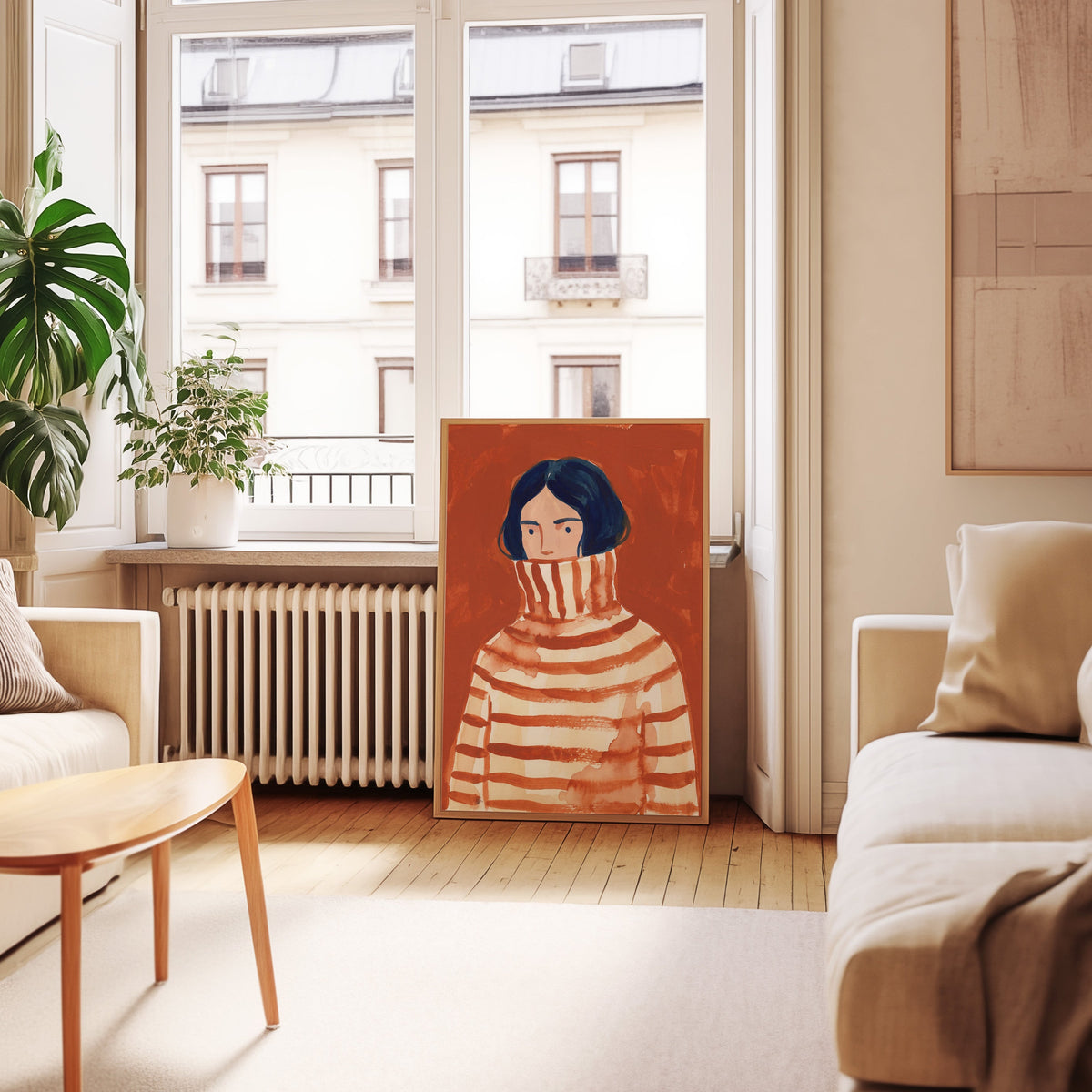 Navy bob portrait print in an oak frame leaning below tall French windows