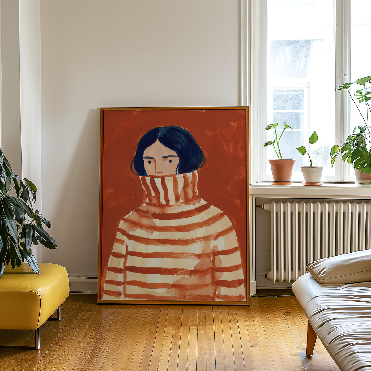 Watercolor woman portrait in an oak frame leaning beside a yellow leather bench