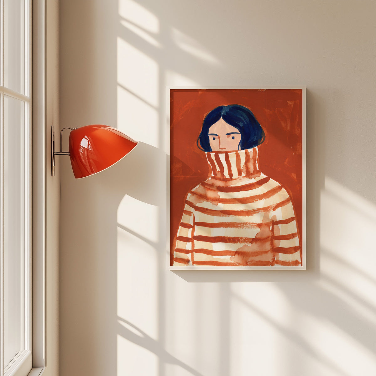 Woman in striped turtleneck print in a white frame beside a red wall sconce