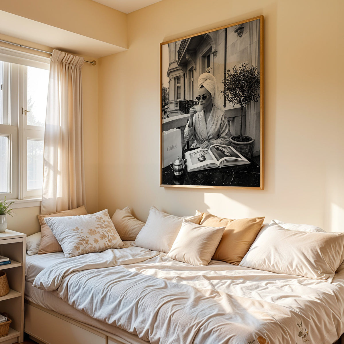 Woman in towel turban drinking coffee on balcony print in an oak frame above a cream daybed in a sunny bedroom