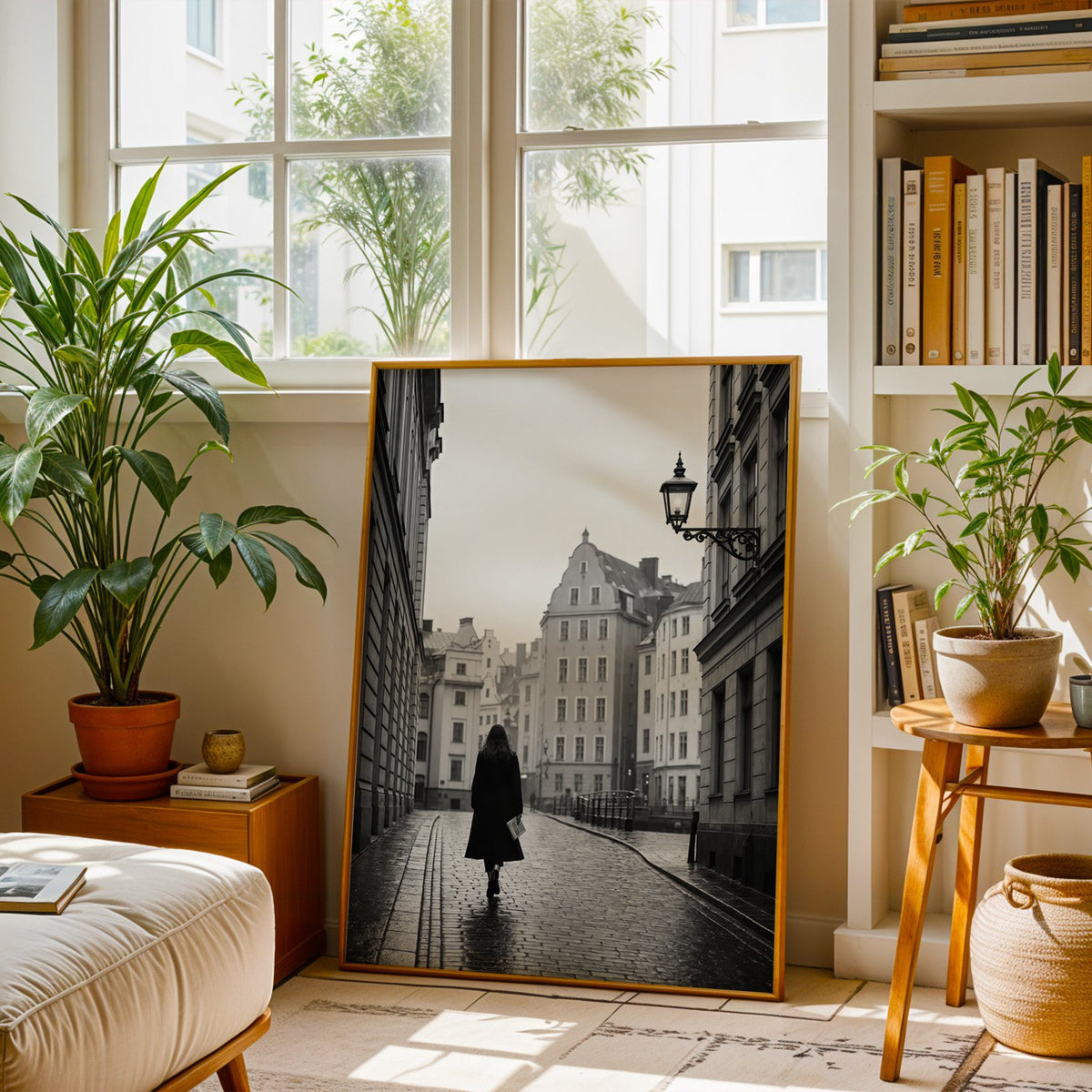 Woman walking on cobblestone old town street print shown in a brass frame leaning on a sunlit living room floor