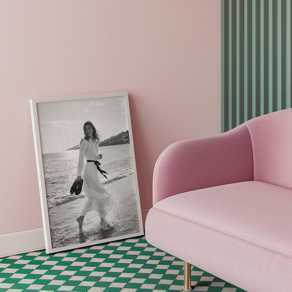 Laughing woman in white dress running in the surf print in a white frame beside a pink armchair on a checkered floor