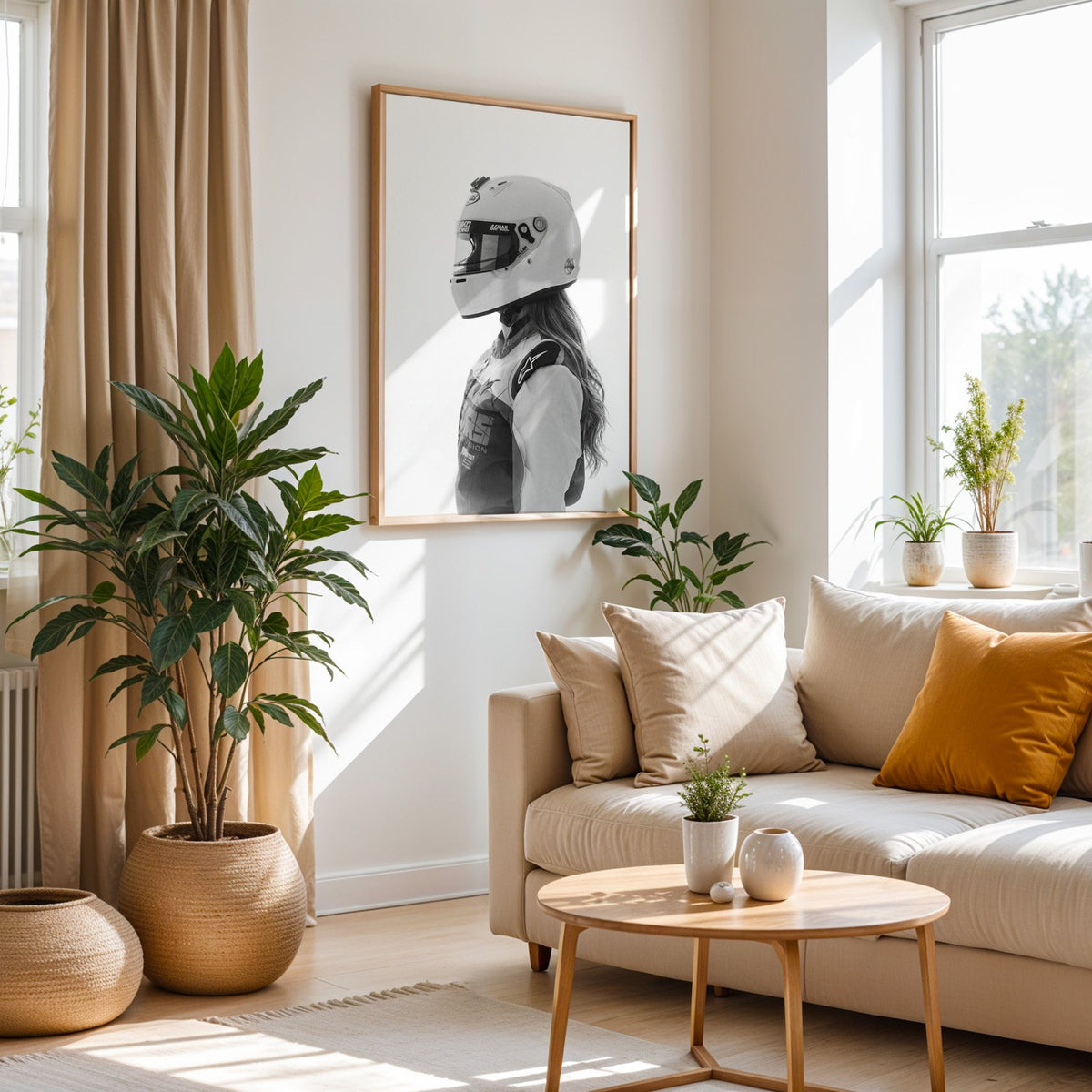 Woman in white racing helmet seen in profile print in an oak frame above a cream sofa beside woven planters