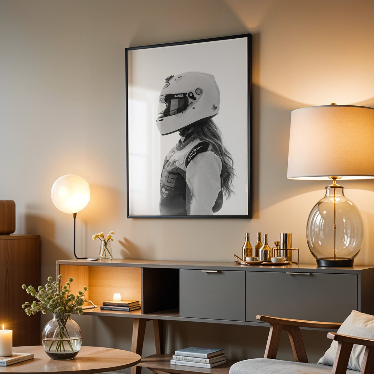 Woman in white racing helmet seen in profile print in a black frame above a grey media console with a glass table lamp