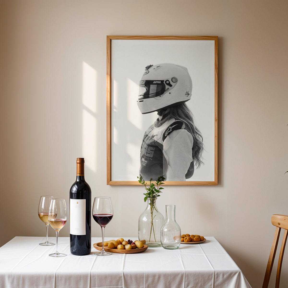 Woman in white racing helmet seen in profile print in an oak frame above a table set with red wine and glasses