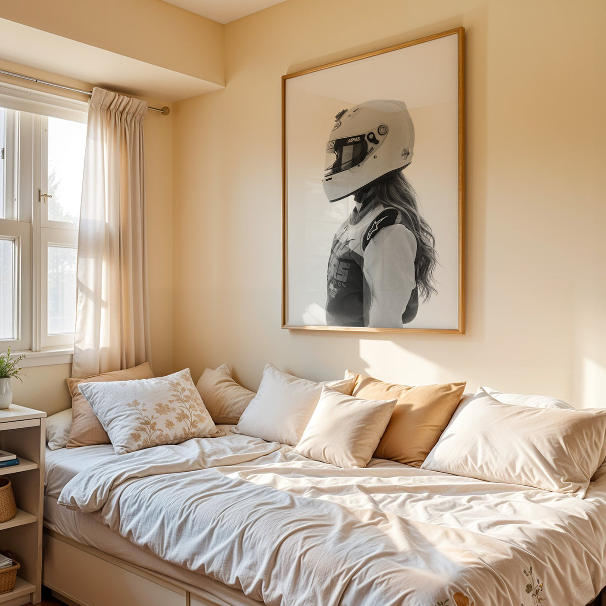 Woman in white racing helmet seen in profile print in an oak frame above a cream daybed in a sunny bedroom