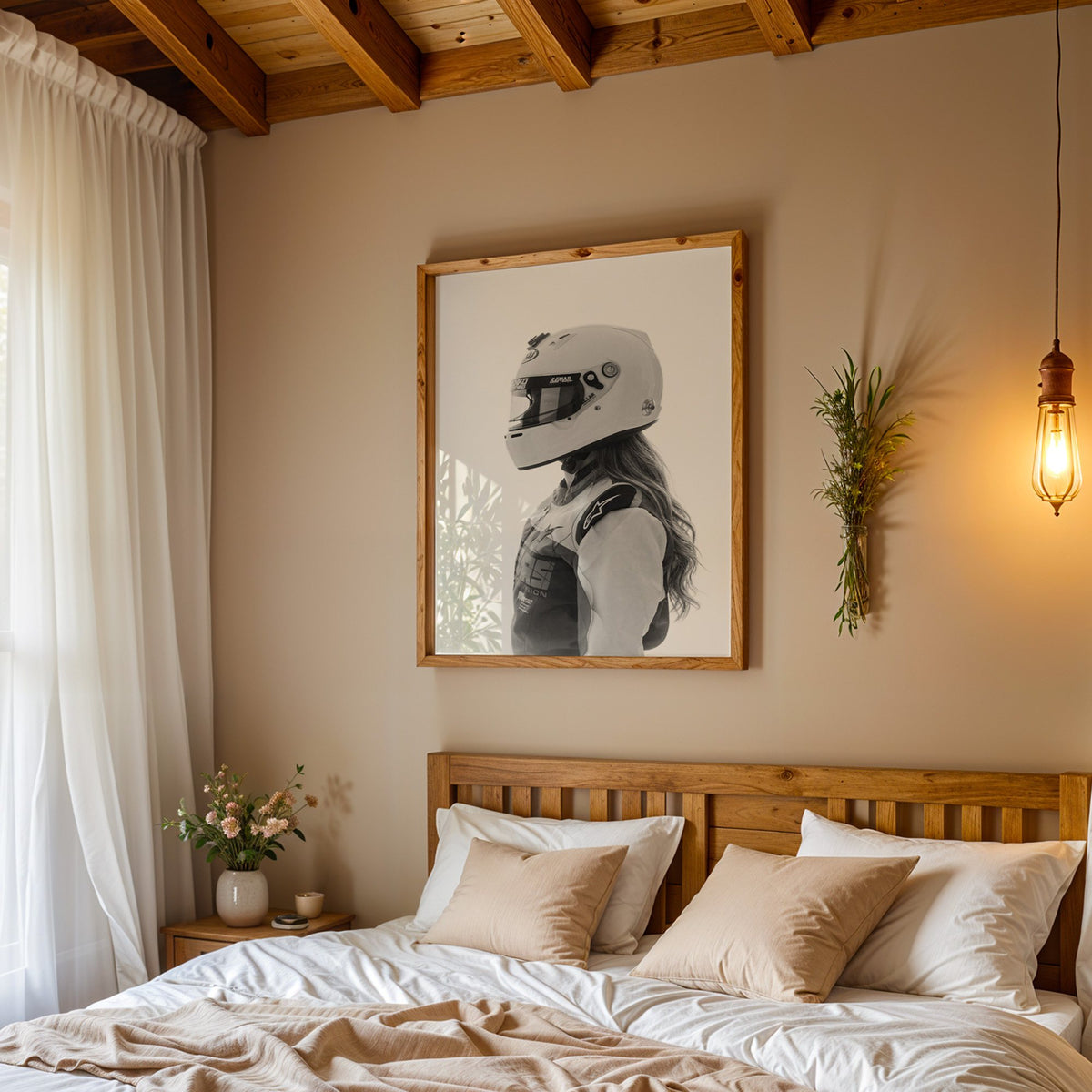 Woman in white racing helmet seen in profile print in a pine frame above a wood headboard bed under a pendant bulb