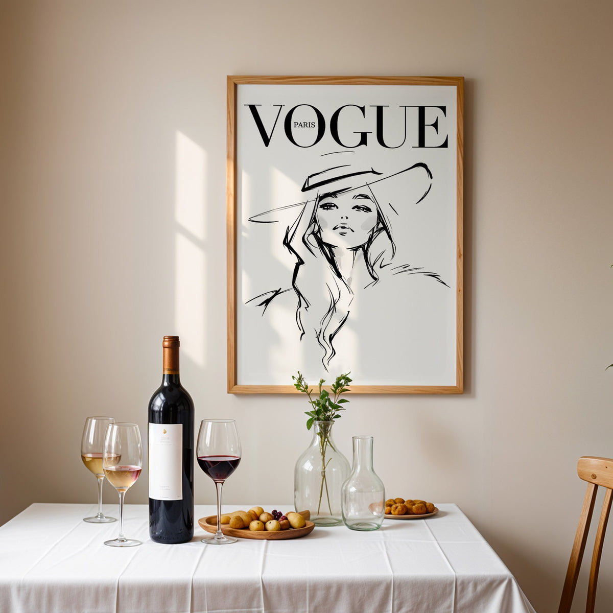 Woman in wide brim hat fashion sketch print in an oak frame above a table set with red wine and glasses