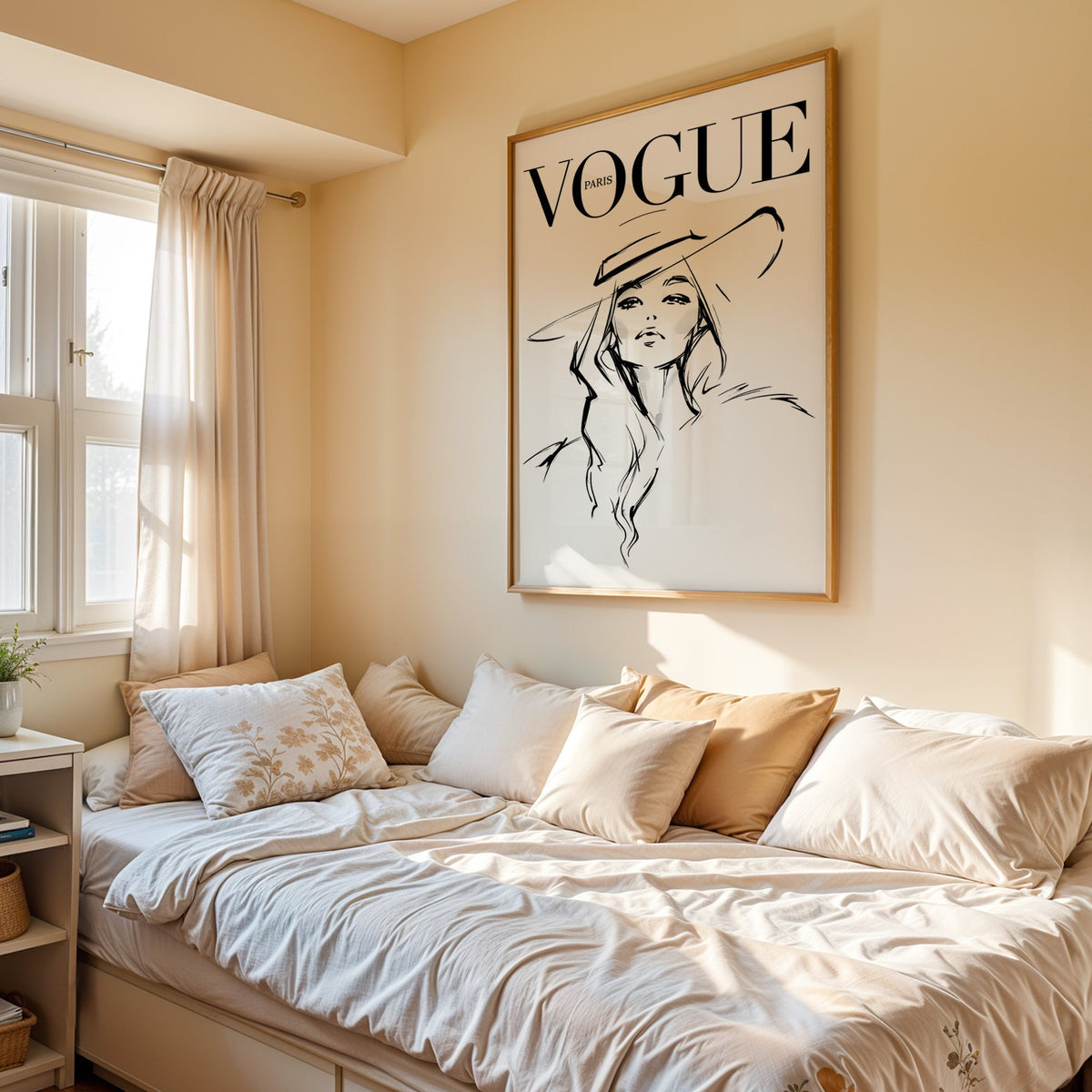 Woman in wide brim hat fashion sketch print in an oak frame above a cream daybed in a sunny bedroom