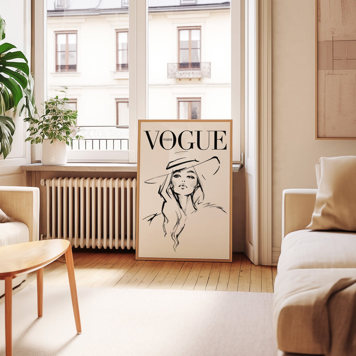 Woman in wide brim hat fashion sketch print in an oak frame leaning by a French window in a living room