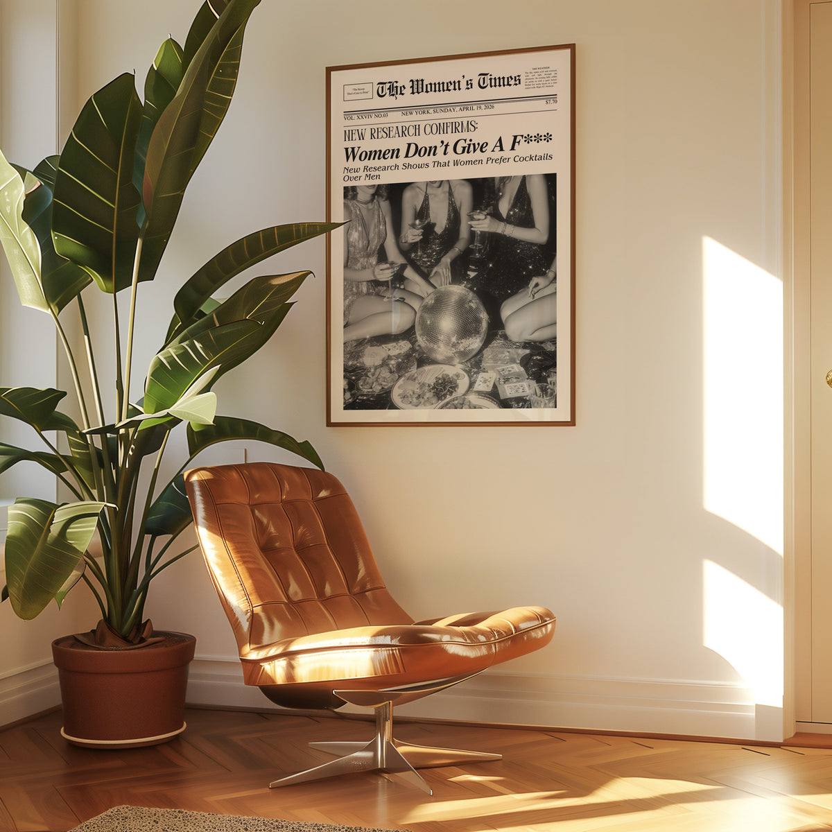 Mock front page with women around a disco ball print in a walnut frame above a leather lounge chair