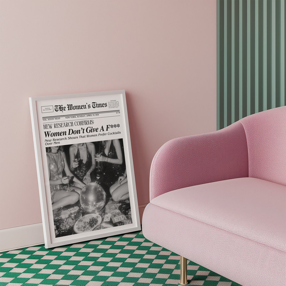 Mock front page with women around a disco ball print in a white frame beside a pink armchair on a checkered floor