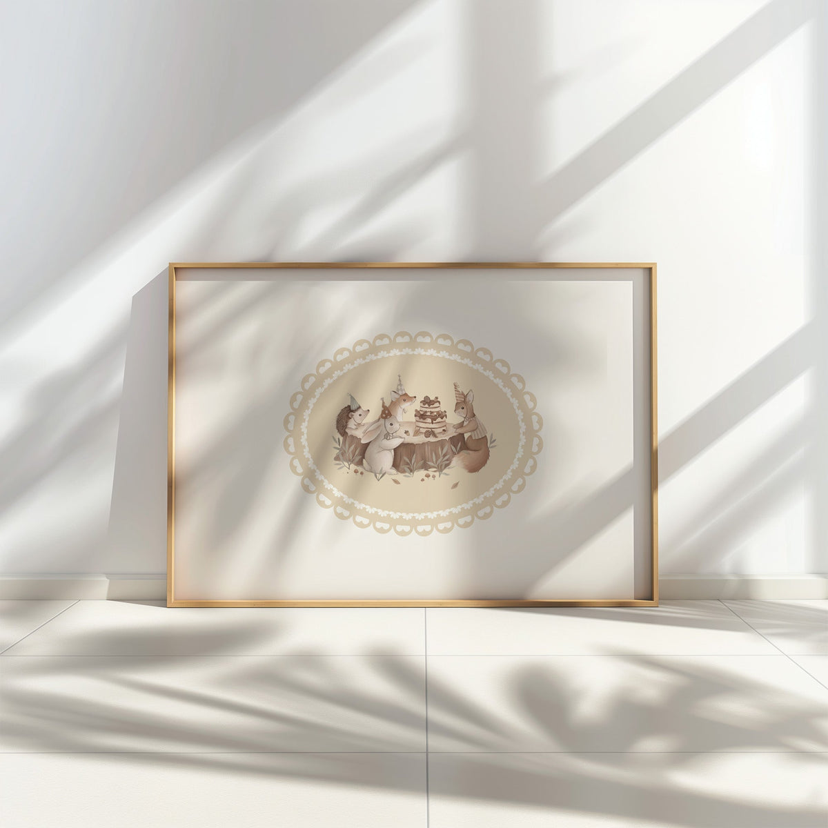 Woodland animals in party hats around a cake nursery print in a thin oak frame leaning on a tiled floor in dappled sunlight