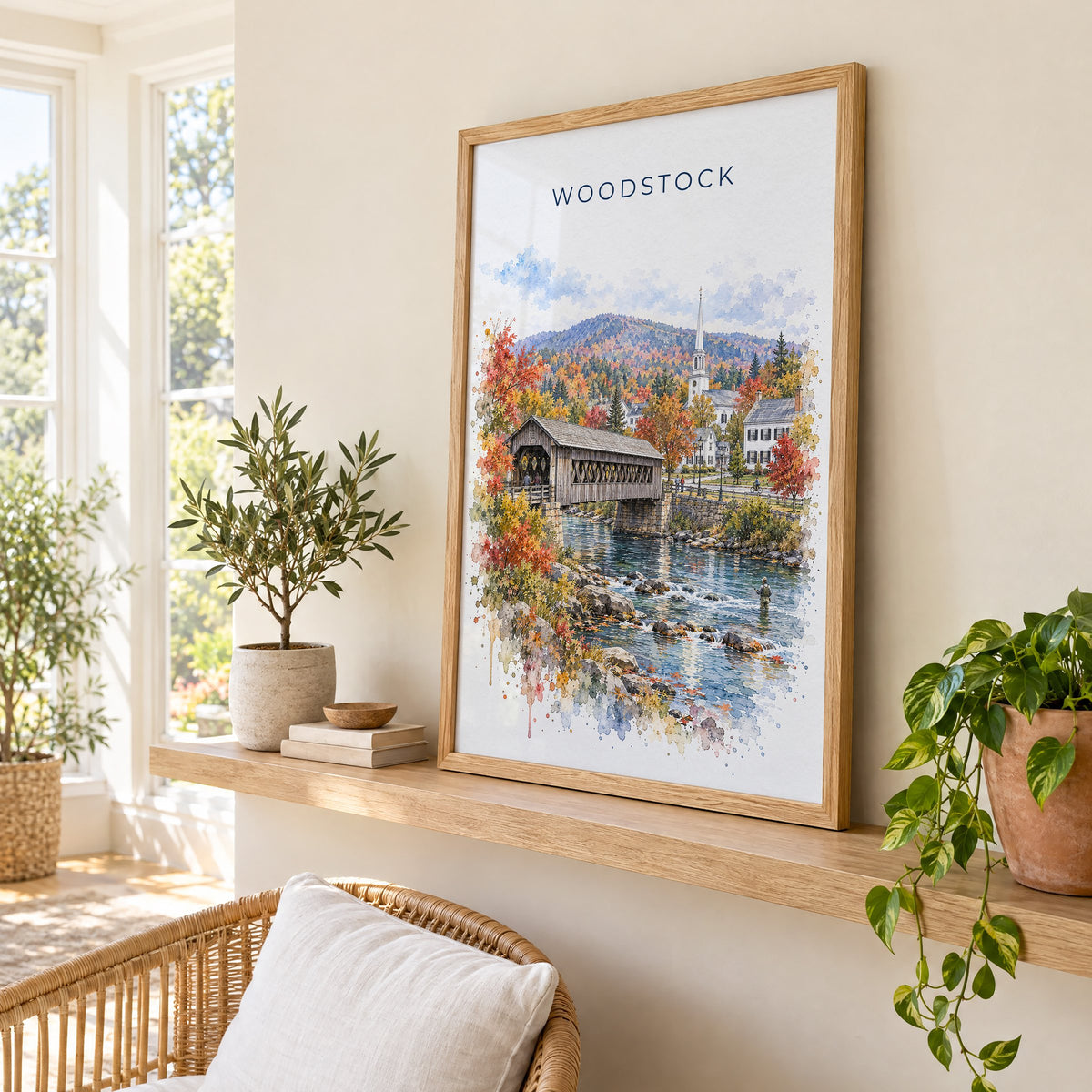 Woodstock, Vermont watercolor print in an oak frame on a picture ledge in a sunlit sunroom
