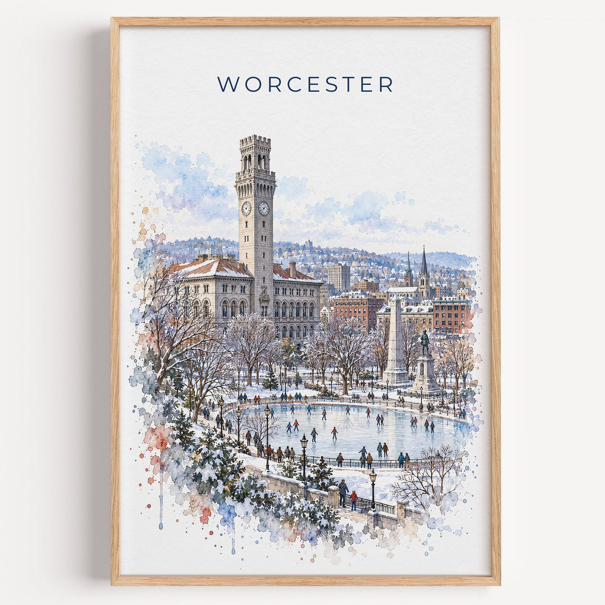 Worcester, Massachusetts watercolor print in a light oak frame on a plain white wall