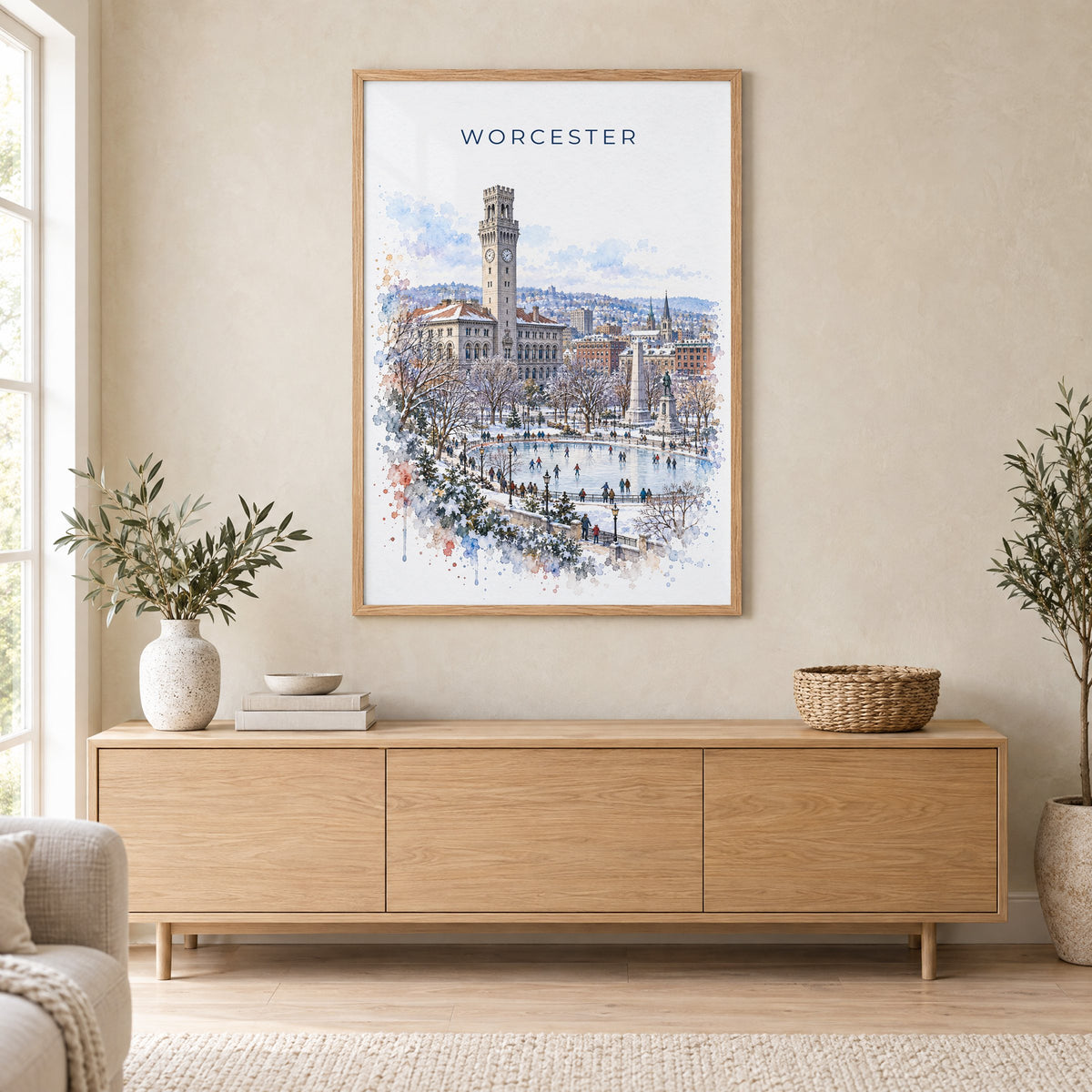 Worcester, Massachusetts watercolor print in an oak frame above a light wood sideboard in a Scandinavian living room