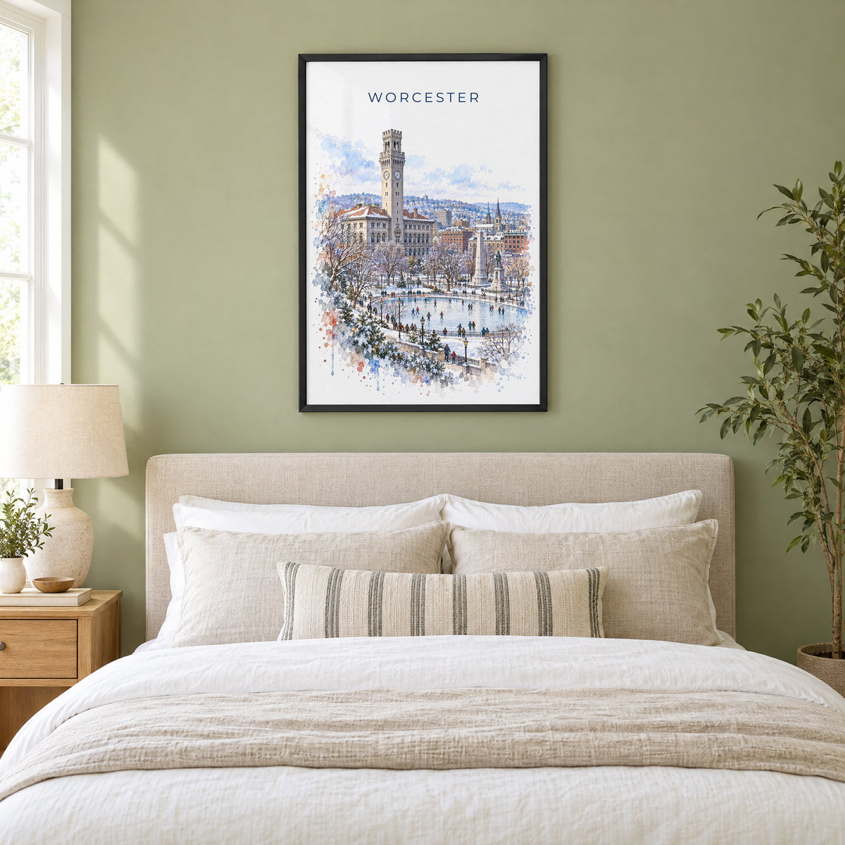 Worcester, Massachusetts watercolor print in a black frame above an upholstered headboard in a sage green bedroom