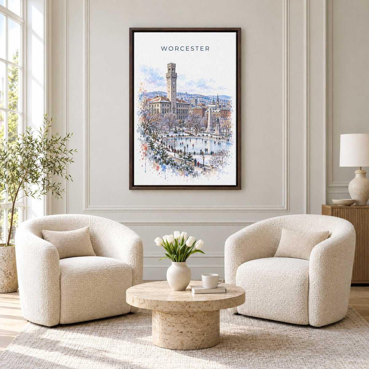 Worcester, Massachusetts watercolor print as an espresso floater canvas above two boucle armchairs in a hotel lounge