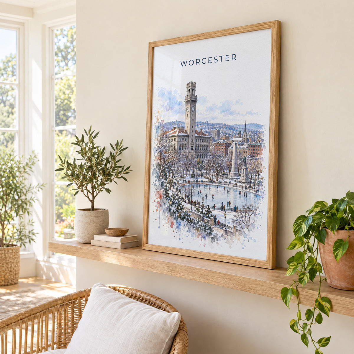 Worcester, Massachusetts watercolor print in an oak frame on a picture ledge in a sunlit sunroom