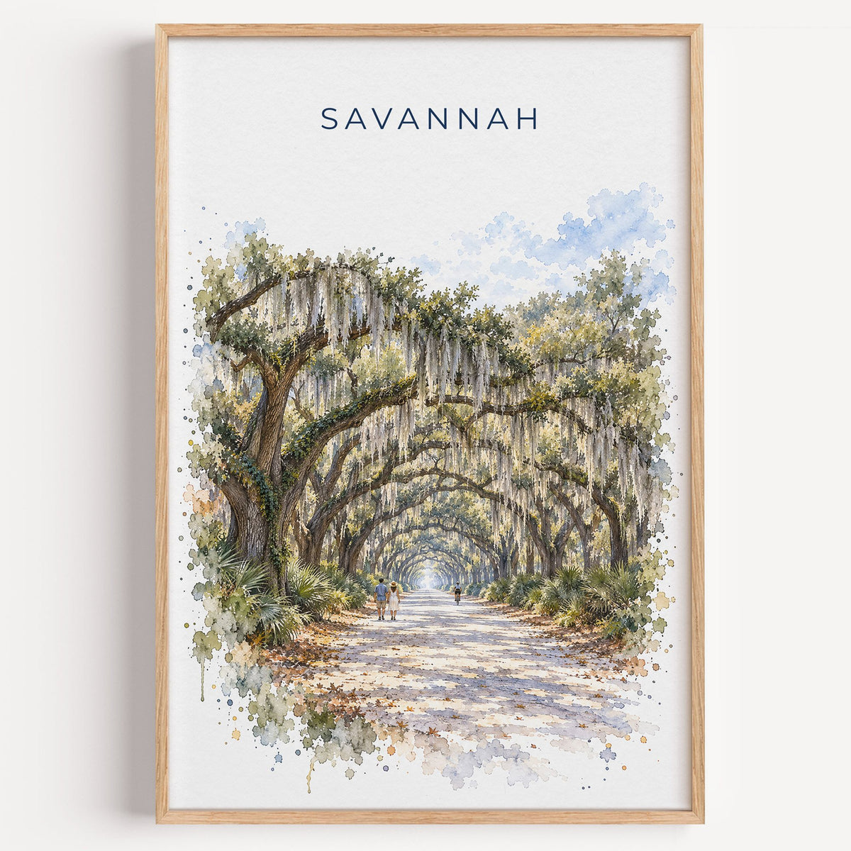 Wormsloe Savannah watercolor print in a light oak frame on a plain white wall