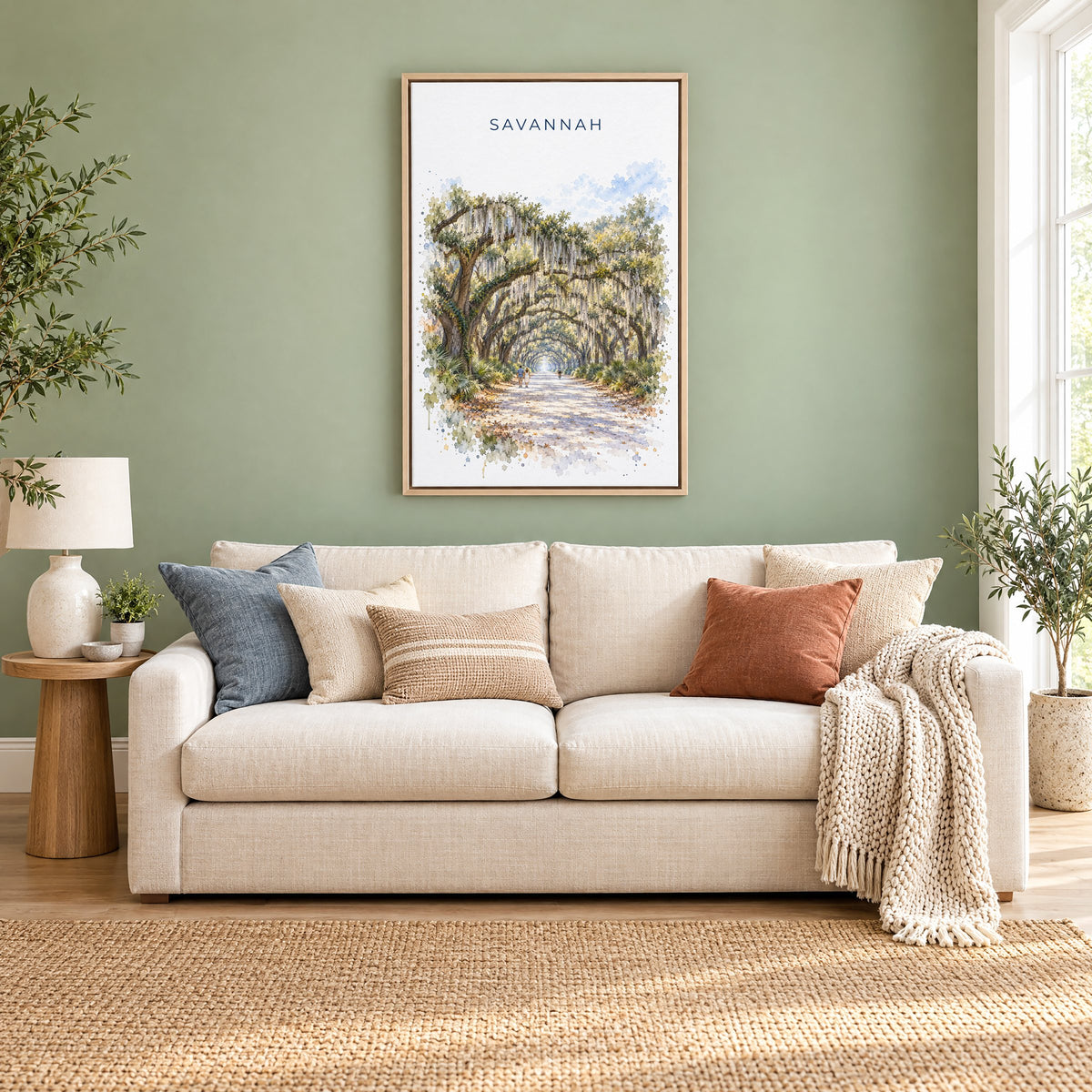 Wormsloe Savannah watercolor print as a natural floater canvas above a cream linen sofa on a sage green wall