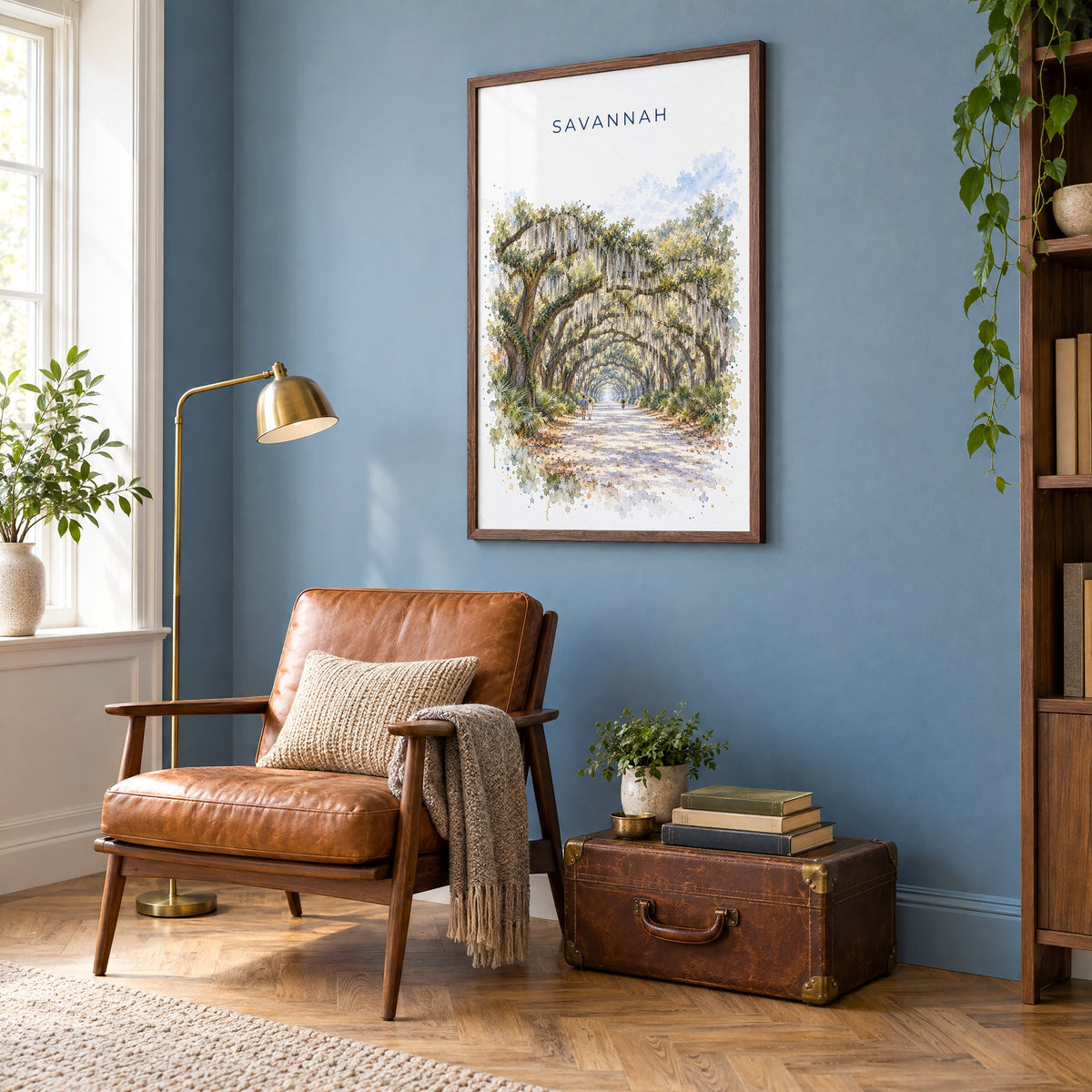 Wormsloe Savannah watercolor print in a walnut frame on a blue wall above a leather armchair in a reading nook