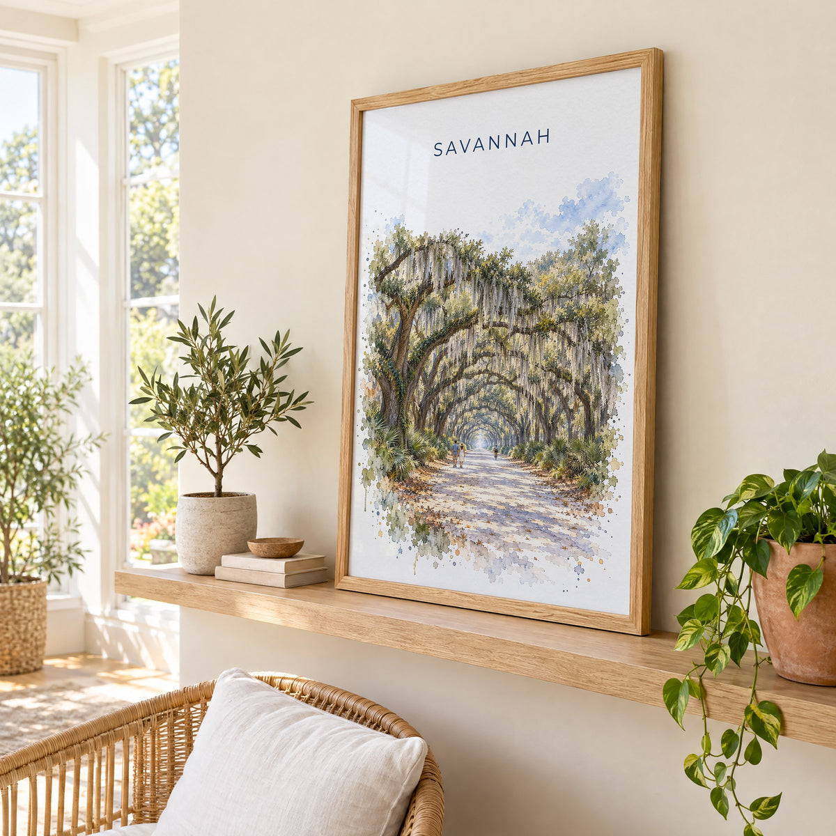 Wormsloe Savannah watercolor print in an oak frame on a picture ledge in a sunlit sunroom