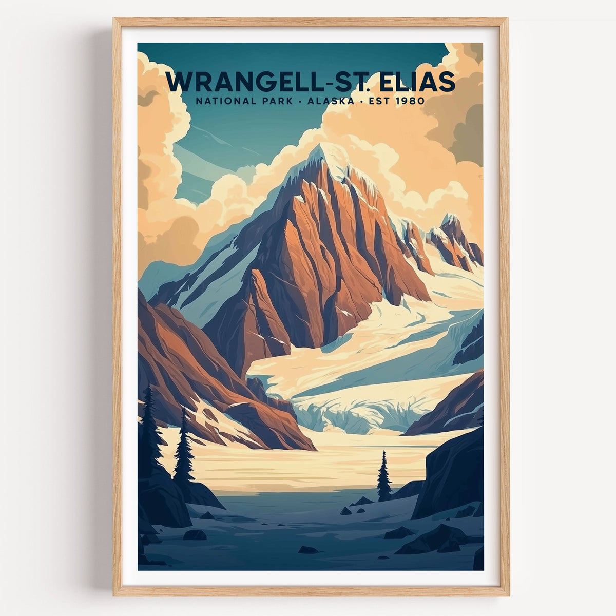 Wrangell–St. Elias National Park illustrated print: a peak above a glacier, in an oak frame