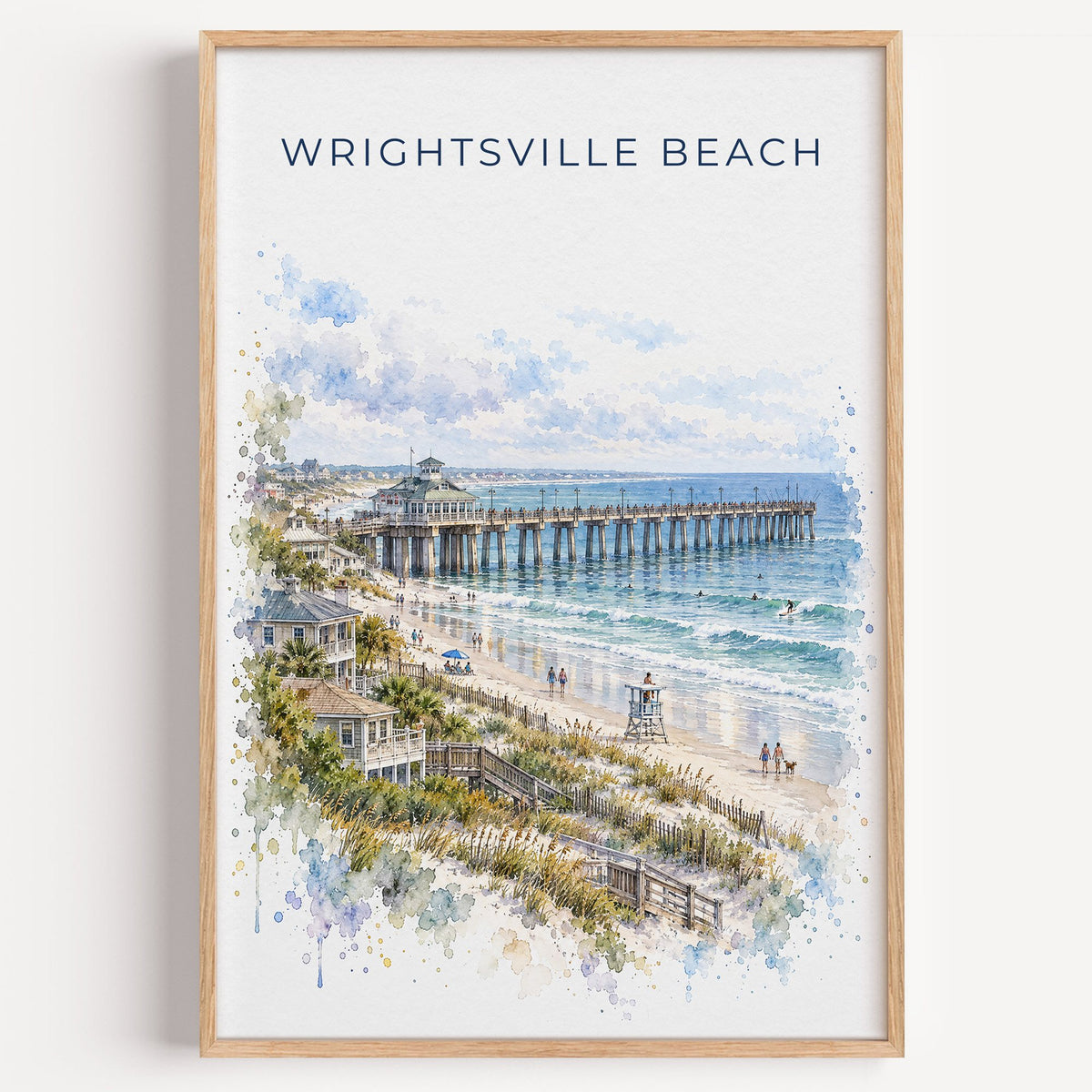 Wrightsville Beach watercolor print in a light oak frame on a plain white wall