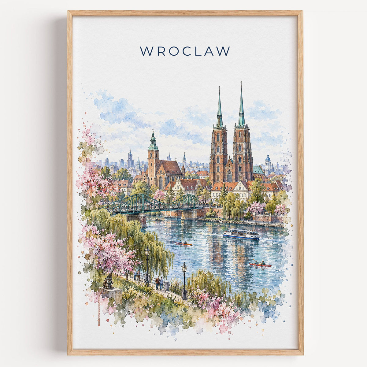 Wroclaw watercolor print in a light oak frame on a plain white wall