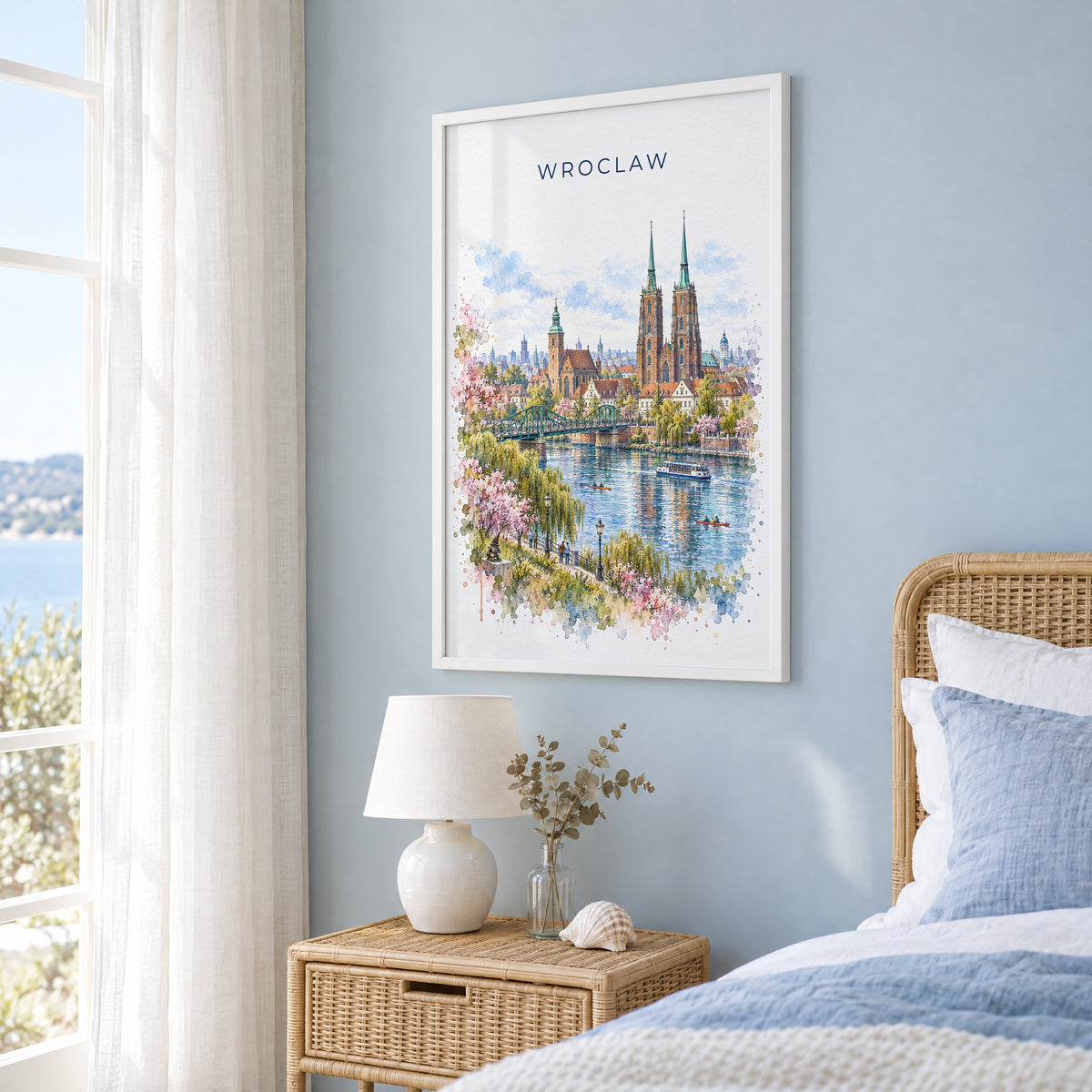 Wroclaw watercolor print in a white frame on a pale blue wall beside a rattan bed in a coastal bedroom