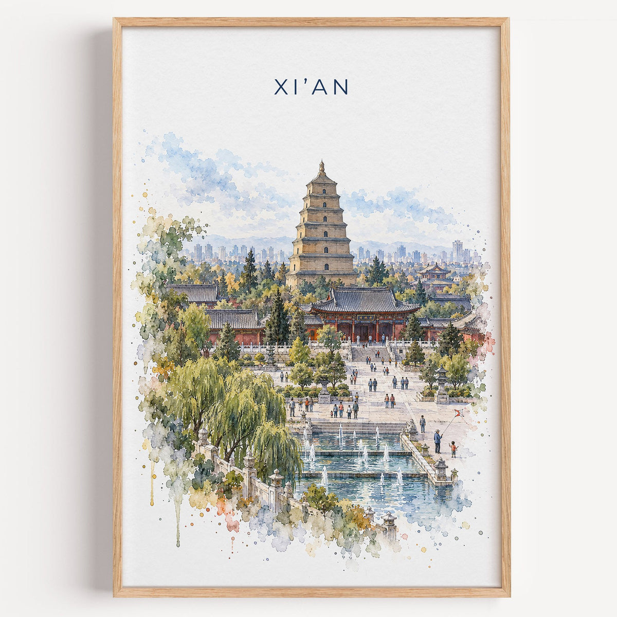 Xi'an watercolor print in a light oak frame on a plain white wall