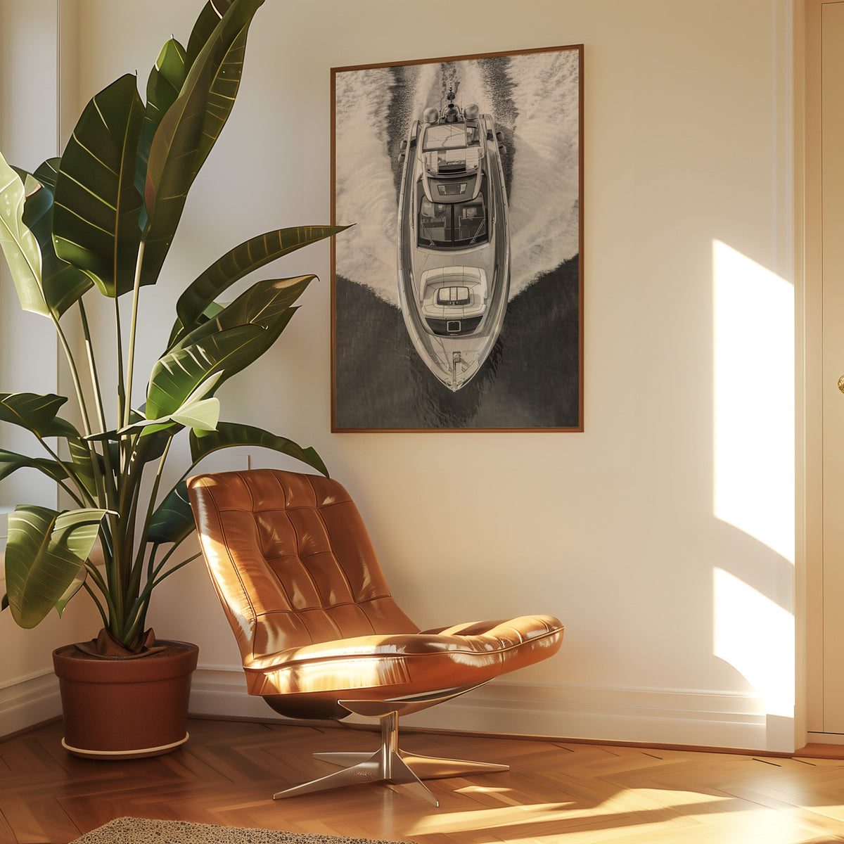 Aerial view of a yacht with white wake print in a walnut frame above a leather lounge chair