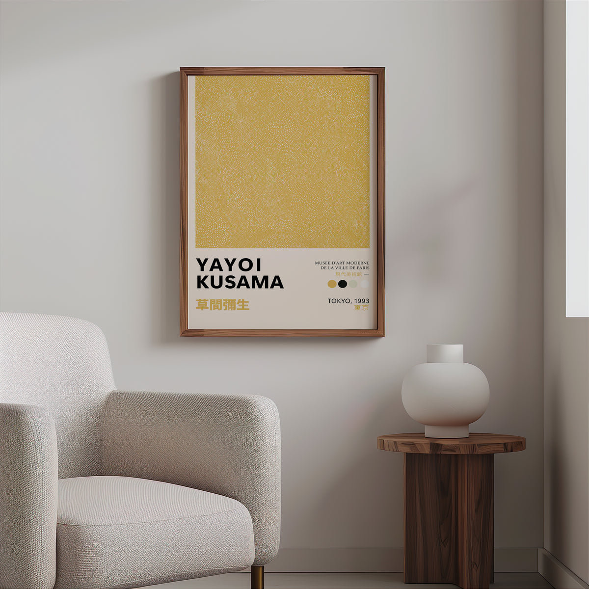 Yayoi Kusama inspired yellow dotted texture print above a cream boucle armchair