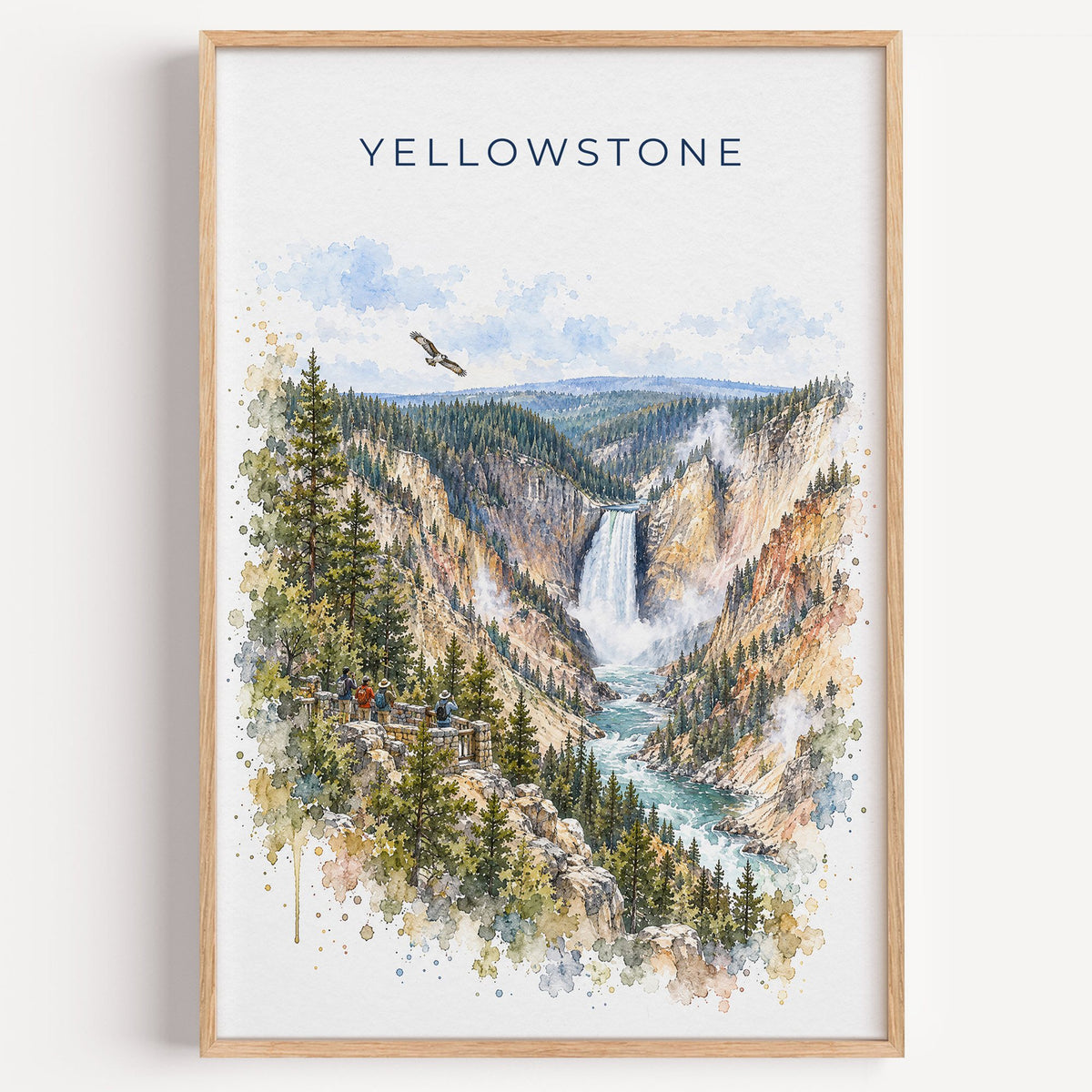Yellowstone National Park watercolor print in a light oak frame on a plain white wall