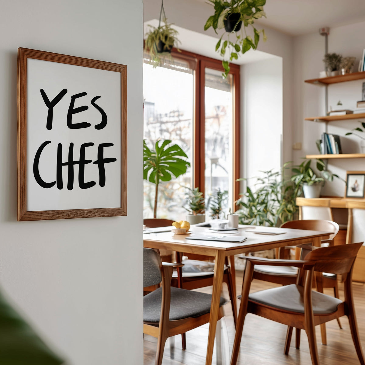 Yes Chef print in a walnut frame beside a mid-century dining table