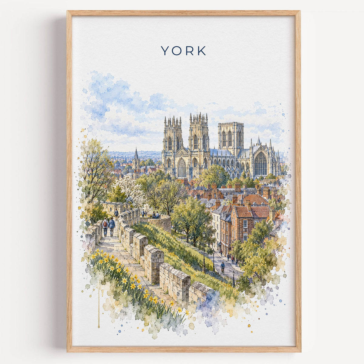York, England watercolor print in a light oak frame on a plain white wall