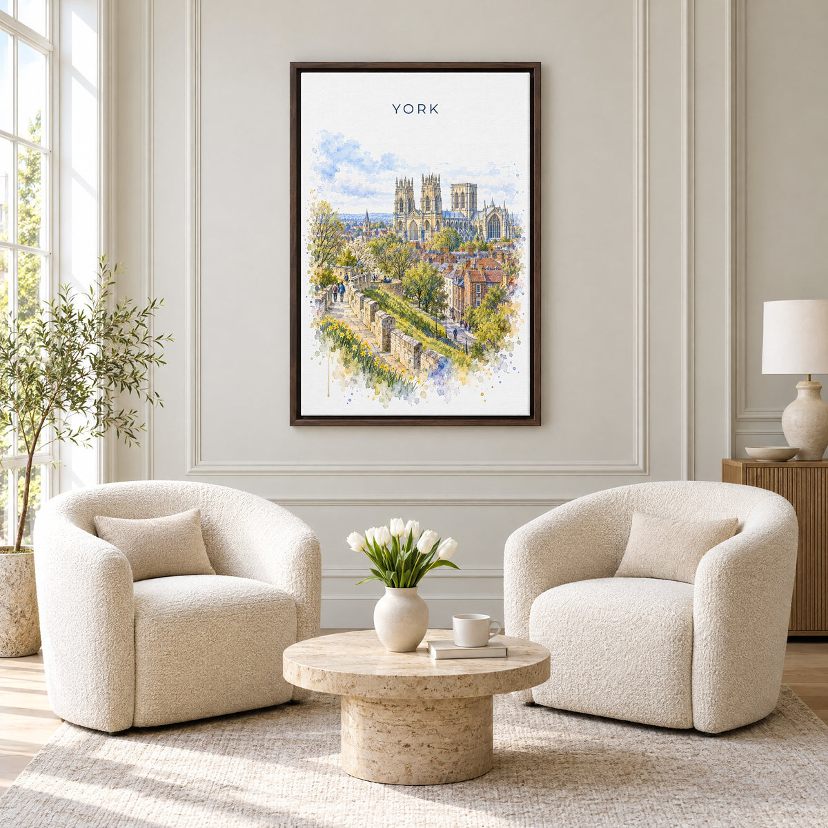 York, England watercolor print as an espresso floater canvas above two boucle armchairs in a hotel lounge