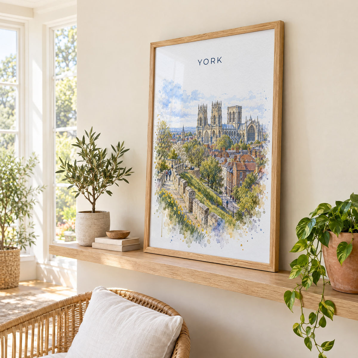 York, England watercolor print in an oak frame on a picture ledge in a sunlit sunroom