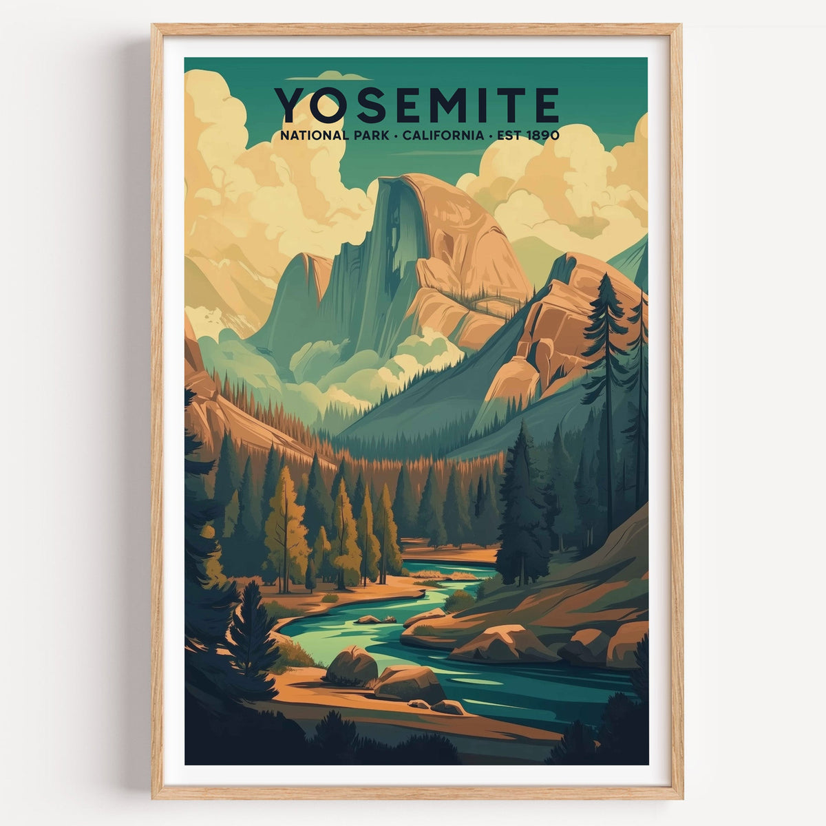 Yosemite National Park illustrated print: granite domes above the valley river, in an oak frame
